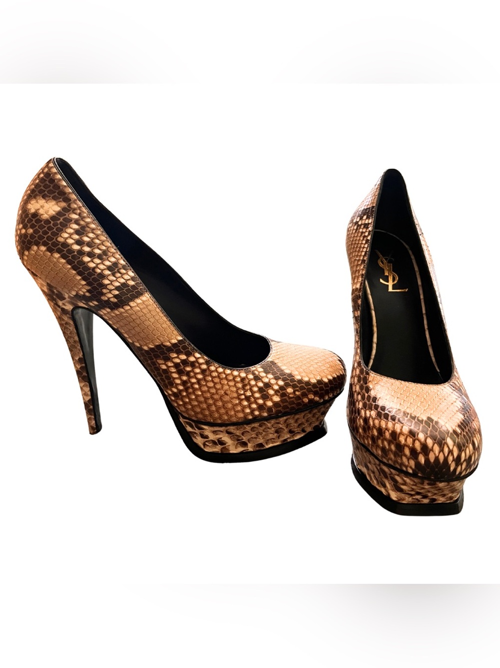 YSL Yves Saint Laurent Tribtoo Platform Pumps 39 Python Snakeskin Leather Heels